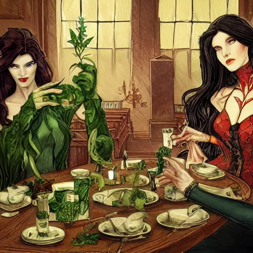 Image similar to a beautiful picture of doctor poison ivy professor of botany and doctor liliana vess professor of demonology having lunch, academic clothing, dark eyeliner, intricate, elegant, highly detailed, digital painting, artstation, concept art, matte, sharp focus, illustration, art by rebecca guay and by jacque louis david, in the style of magic the gathering