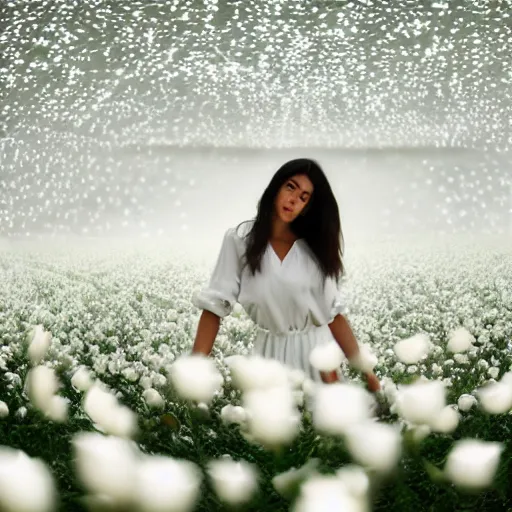 Prompt: a woman dressed in white, standing in an infinite field of white roses, petals in the breeze, fireflies glowing, vivid lighting, professional photography, distance shot, afternoon lighting