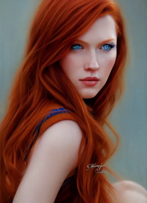 Image similar to portrait photo of a gorgeous young redhead woman with blue eyes in the style of stefan kostic, realistic, sharp focus, 8k high definition, insanely detailed, intricate, elegant, art by stanley lau and artgerm