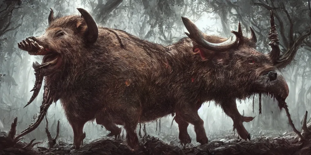 Image similar to giant wild boar god with bloody eyes and many tusks, in dark woods, dim colors, forest, highly detailed illustration, masterpiece, fantasy, magical, hyperdetailed, realistic, witch fairytale, 4 k, 8 k, highly detailed matte painting, dungeons and dragons