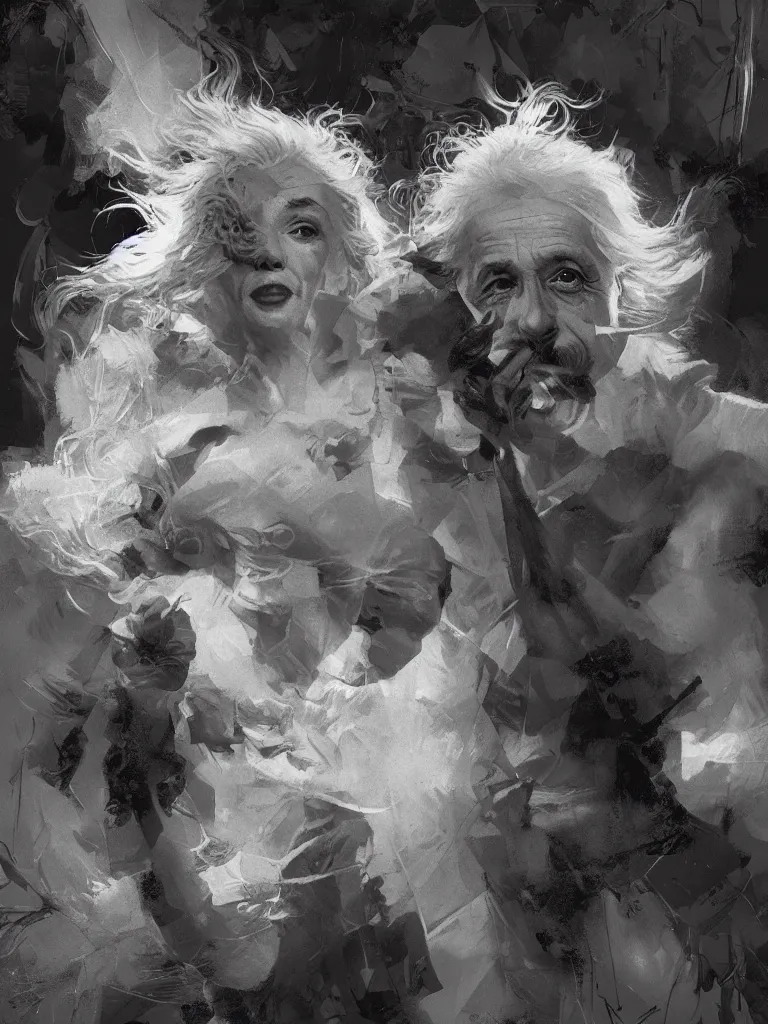 Image similar to Albert Einstein meets Marilyn Monroe, hyperdetailed artstation cgsociety by greg rutkowski and by Gustave Dore