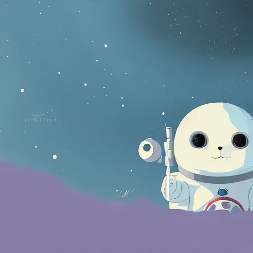 Image similar to scared baby harp seal dressed as an astronaut floating far away from a spaceship, alone in deep space, black bacgkground with scattered stars, lonely, scary, wide shot, atey ghailan, goro fujita, studio ghibli, ominous, dark lighting, clear focus, very coherent,