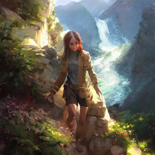 Prompt: Time to climb the mountain path, an expressive oil painting by Ross Tran, John Harris, Krenz Cushart
