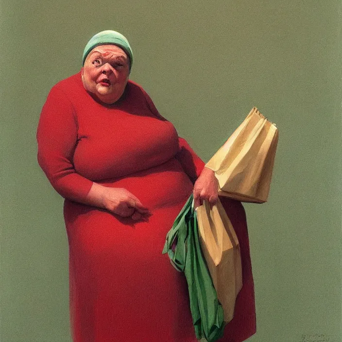 Prompt: melting old fat woman portrait with a white paper bag over the head, dressed in red paper bags, holding stack of green paper bags, highly detailed, artstation, art by edward hopper, zdislav beksinski, wayne barlowe, edward hopper