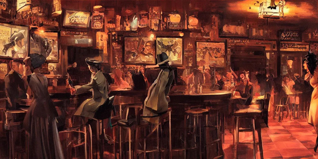 Image similar to a powerful woman is at the bar of a 4 0 s jazz club, warm color palette, night time, dramatic lighting, noir film, character sheet, fine details, high contrast, blacksad, kim jung gi, greg rutkowski, trending on artstation, 8 k, front view, back view, ultra wide angle