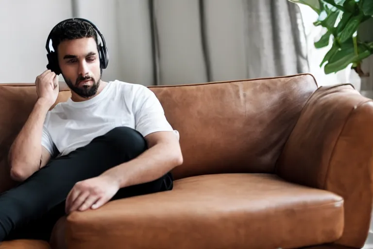 Prompt: a man wearing a white t - shirt and black sweat pants and wearing headphones is sitting in a brown leather chair in a living room