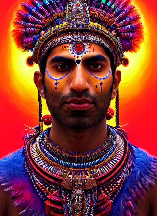 Prompt: portrait of suraj sharma, hyper detailed ultra sharp aztec shaman warrior. trending on artstation, warpaint aesthetic, bloodwave, colorful, psychedelic, ornate, intricate, digital painting, concept art, smooth, sharp focus, illustration, art by artgerm and greg rutkowski and h. r. giger, 8 k