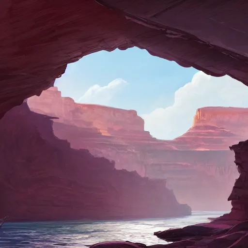 Image similar to concept art painting of a grand canyon filled with water, giant river, with stone bridge under construction realistic, detailed, cel shaded, in the style of makoto shinkai and greg rutkowski and james gurney