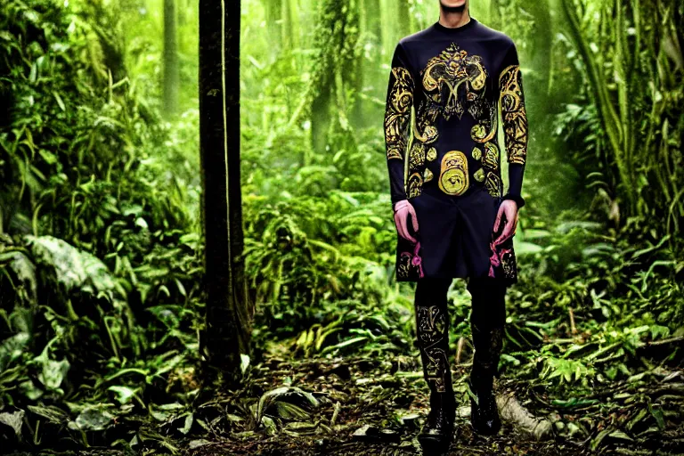 Image similar to versace avant garde male tunics intricate modern choatic textiles streetwear cyberpunk posing in the jungle woods cloudy overcast dark dramatic mysterious 3 5 mm professional