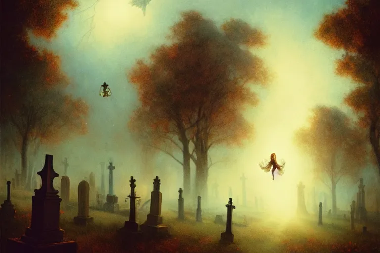 Prompt: casper the friendly ghost flying over a graveyard at midnight, cinestill, painted by james jean and gaston bussiere, backlight, fog, mist, trending on artstation