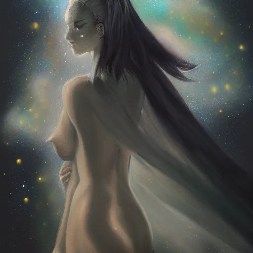 Image similar to the goddess Nyx cloaked in the night sky, highly detailed painting, trending on artstation