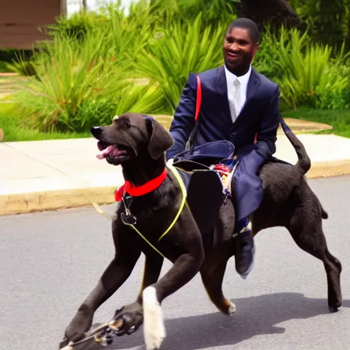 Prompt: a photo of a dog in a suit riding a black man, 4 k