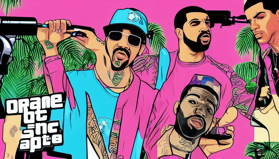 Prompt: drake in the style of gta vice city artwork, digital art