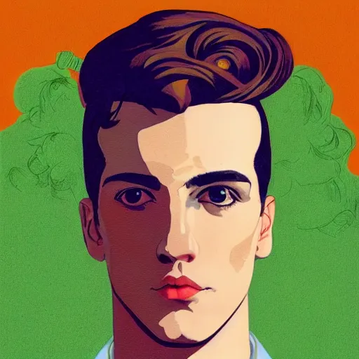 Prompt: Young Spanish man is Super Spy Captain, the Electric Boy, Art by Joshua Middleton, socks, Rene Magritte, succulent plants Chalk white skin, deep purple hair, Green eyes, Orange background, Mucha, Portrait of the man, surreal, ,carbon black and antique gold