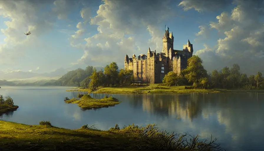 Prompt: portrait of a large lake with a castle surrounded by woodland, highly detailed, sunny, blue sky, cinematic lighting, highly angle, godrays, volumetric, photorealistic, digital art painting by greg rutkowski