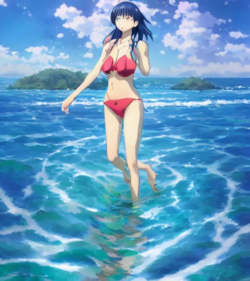 Prompt: an anime girl wading in the beach, waist deep in the water, ripples, facing the camera, full shot, wearing blue swimsuit. By Makoto Shinkai, Stanley Artgerm Lau, WLOP, Rossdraws, James Jean, Andrei Riabovitchev, Marc Simonetti, krenz cushart, Sakimichan, trending on ArtStation, digital art.