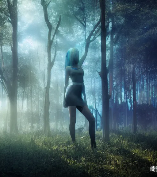 Image similar to daydreaming of the maiden with fuidity transparent dress in the blockchain cyberpunk forest by maciej kuciara, majestic light, octane render, beauty fog, ethereal glare of the sun, raining rainbow, volumetric lighting, hyperealistic, epic, masterpiece