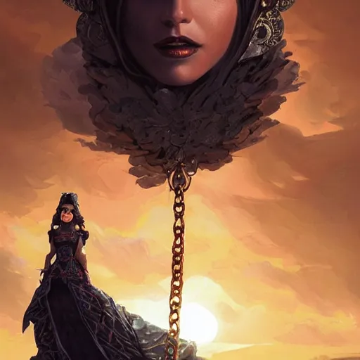 Image similar to a queen is chained to her throne, beautiful highly detailed face, complementary lighting, backlit, black eyeshadow, grinning, adventure, dramatic lighting, landscape background, beautiful painting by artgerm and greg rutkowski and raymond swanland