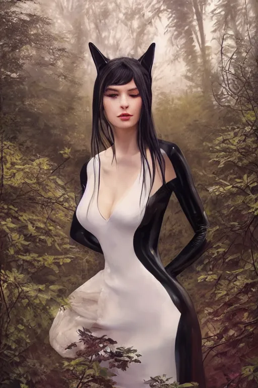 Image similar to woman with cat ears in a dress in a forest, detailed black latex dress, beautiful model girl face, white hair, by jeremy lipking, by yoshitaka amano, by artgerm, digital art, octane render, vector art, portrait painting