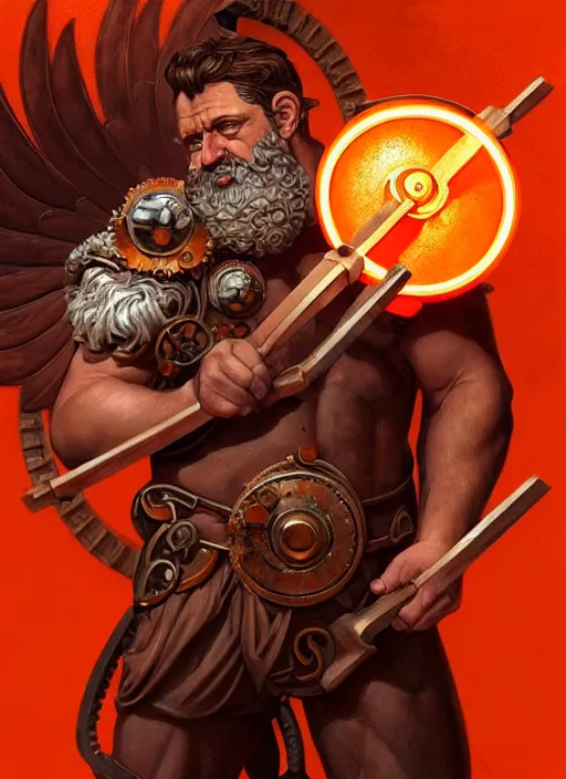 Image similar to the greek god hephaestus, brown hair, holding hammer, facing forward, steampunk, beautiful glowing eyes, volumetric lights, red and orange theme, art nouveau botanicals, intricate, highly detailed, digital painting, artstation, concept art, smooth, sharp focus, cinematic, illustration, beautiful face, art by artgerm and greg rutkowski and alphonse mucha