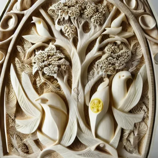 Image similar to a intricate ivory carving sculpture with birds and lemons and jungle leaves, ornate, complex, highly detailed, fine detail