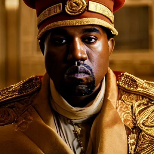 Image similar to kanye west as muammar kadhafi and emperor napoleon, splash art, movie still, detailed face, cinematic lighting, dramatic, octane render, long lens, shallow depth of field, bokeh, anamorphic lens flare, 8 k, hyper detailed, 3 5 mm film grain