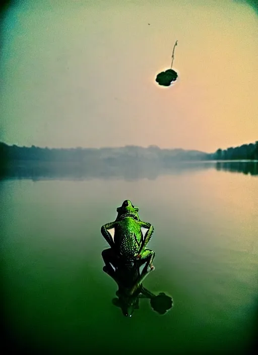 Image similar to “smiling frog vertically floating above misty lake waters in jesus christ pose, low angle, long cinematic shot by Andrei Tarkovsky, paranormal, eerie, mystical”