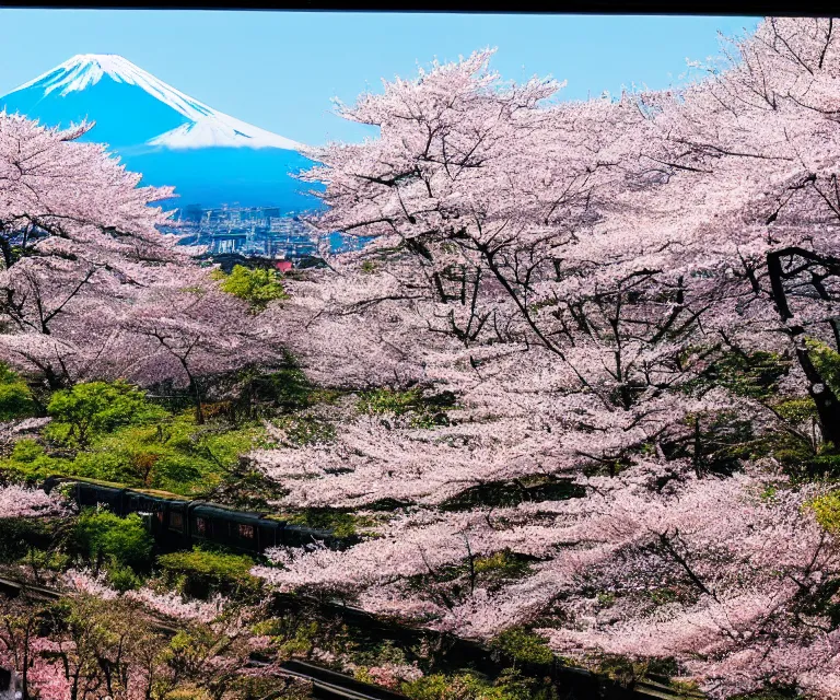 Image similar to a photo of mount fuji, over a sakura forest, seen from a window of a train. beautiful!