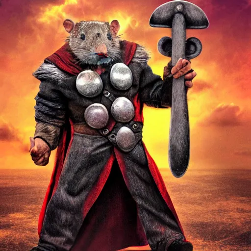 Image similar to the rat thor ~ holding his hammer ~ dramatic thunder background ~ fighting scene ~