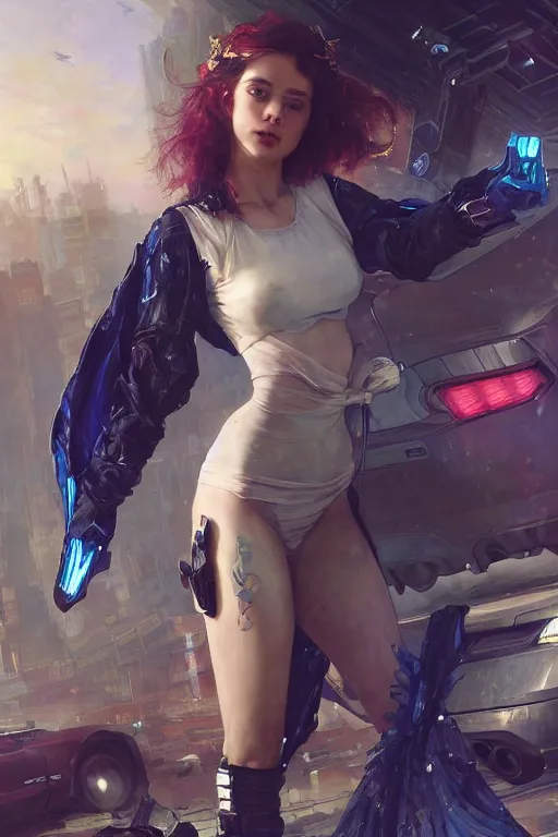 Image similar to a beautiful girl in a cyberpunk costume is standing near ford mustang. masterpiece 4k digital illustration by Ruan Jia and Mandy Jurgens and Artgerm and william-adolphe bouguereau, award winning, Artstation, art nouveau aesthetic, Alphonse Mucha background, intricate details, realistic, panoramic view, Hyperdetailed, 8k resolution, intricate art nouveau