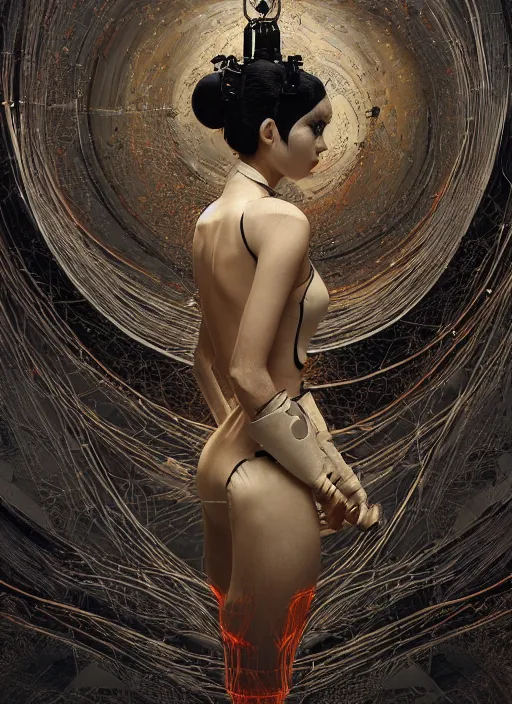 Image similar to portrait of a futuristic geisha cyborg, ex machina, goddess of hellfire, kintsugi, modern fine art, fractal, intricate, elegant, highly detailed, digital photography, subsurface scandering, by jheronimus bosch and greg rutkowski,