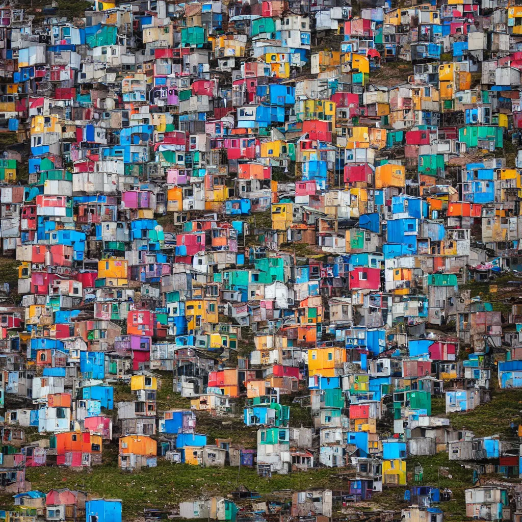 Prompt: a tower made up of colourful makeshift squatter shacks, dystopia, sony a 7 r 3, f 1 1, fully frontal view, photographed by jeanette hagglund