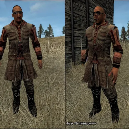 Image similar to gus fring visits whiterun, skyrim, highly detailed, realistic, elder scrolls, adventuring gear, business suit