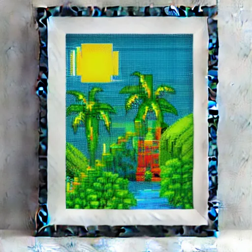 Prompt: a framed painting of a beautiful pixel art tropical landscape