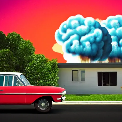 Prompt: 1960s car in front of a modern 1960s house with a mushroom cloud in the background, dynamic lighting, ray tracing, hyper realistic, 8k