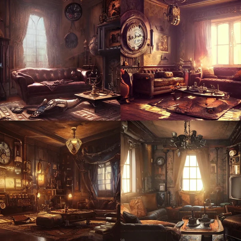 Prompt: Steampunk living room, Greg Rutkowski, ArtStation, CGSociety, Unreal Engine