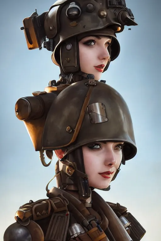 Image similar to dieselpunk soldier girl, helmet, shoulders, chest, portrait, desert, armored, highly detailed, sharp focus, art, illustrations by rossdraws and ayanamikodon and wlop and irakli nadar and loish