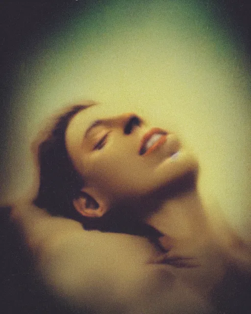 Prompt: oversaturated, burned, light leak, expired film, photo of a woman's face submerged in a milkbath