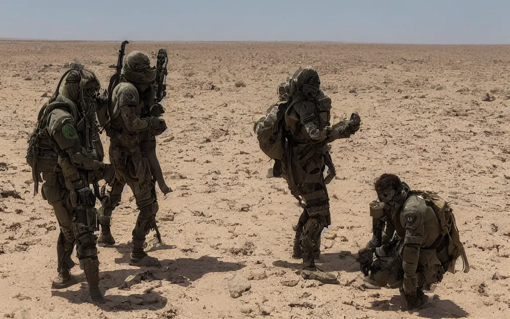 Prompt: a group of five people in dark green tactical gear like death stranding and masks on a rescue mission like the film stargate walk through a sandy desert with distant red mesas ahead of them. They've found a dead body. dusty, mid day, heat shimmering.