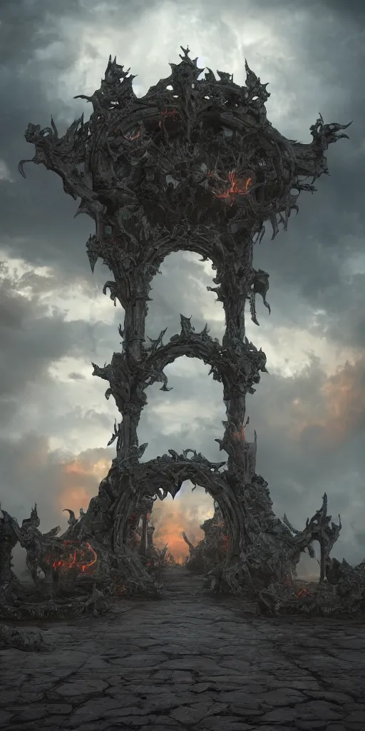 Image similar to The gate of hell in heaven, dramatic lighting, 8K HDR, octane render, unreal engine 5, tarot card, fantasy, concept art, digital art, trending on DeviantArt, trending on Artstation, high quality, highly detailed, high color contrast, path tracing, clouds