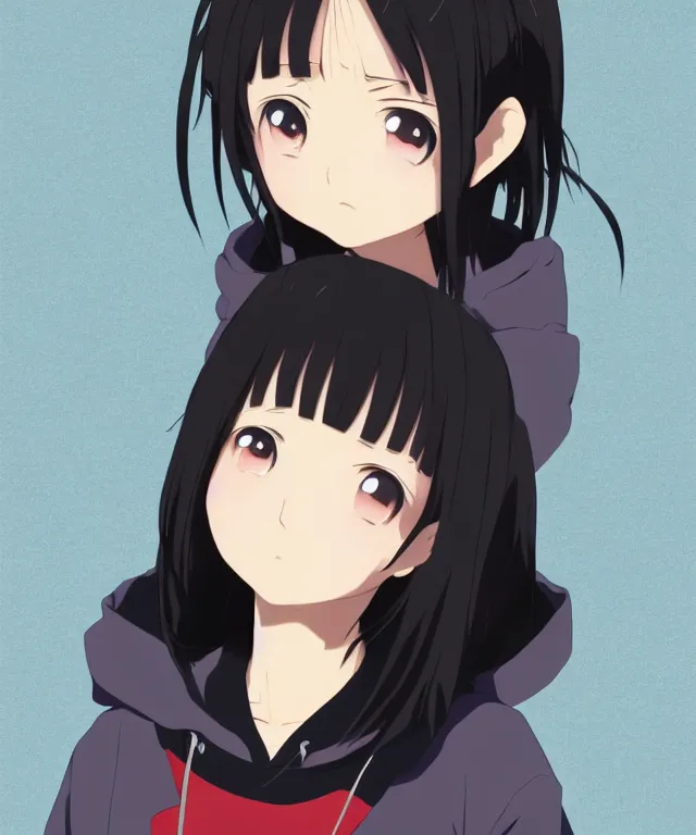 Image similar to anime visual, portrait of a young black haired girl wearing hoodie on the city street background, one person, cute face by yoh yoshinari, katsura masakazu, studio lighting, half body shot, strong silhouette, anime cels, ilya kuvshinov, cel shaded, crisp and sharp, rounded eyes, bright