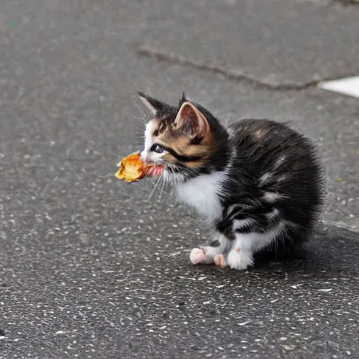 Prompt: kitten bird hybrid eating trash in the road