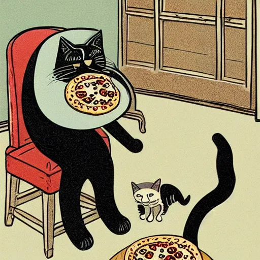 Prompt: cat eating pizza, vintage illustration