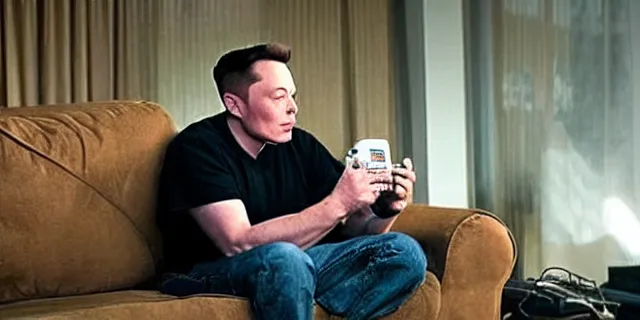 Prompt: full distant shot of sad bald poor dirty elon musk drinking a can of beer in the couch while watching tv in a dirty house, very realistic photograph, cinematic lighting, dardenne brothers