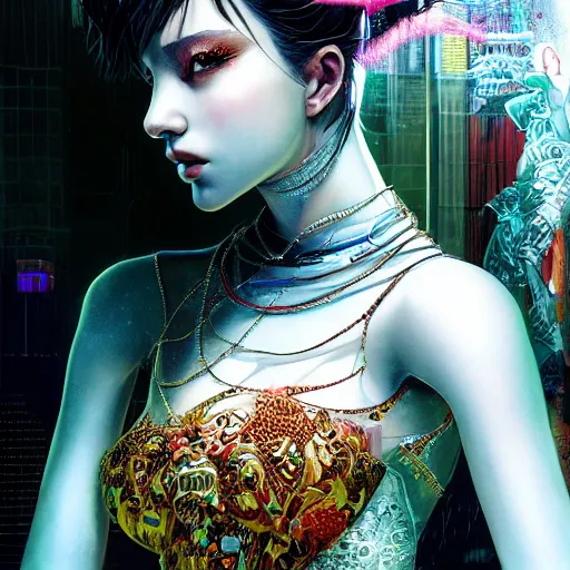 Image similar to the portrait of an absurdly beautiful, graceful, elegant, sophisticated, fashionable cyberpunk gravure idol, an ultrafine hyperdetailed illustration by kim jung gi, irakli nadar, zhong lin, intricate linework, bright colors, collage, porcelain skin, unreal engine 5 highly rendered, global illumination, radiant light, detailed and intricate environment