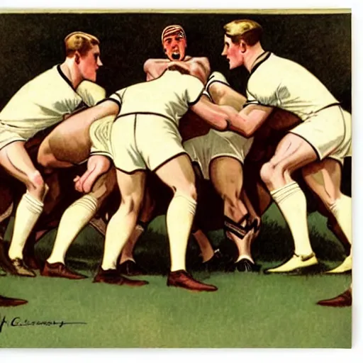 Image similar to 1920s full color illustration by J.C. Leyendecker of handsome male rugby players in a scrum on the field, rugby ball on the ground in between the handsome rugby players