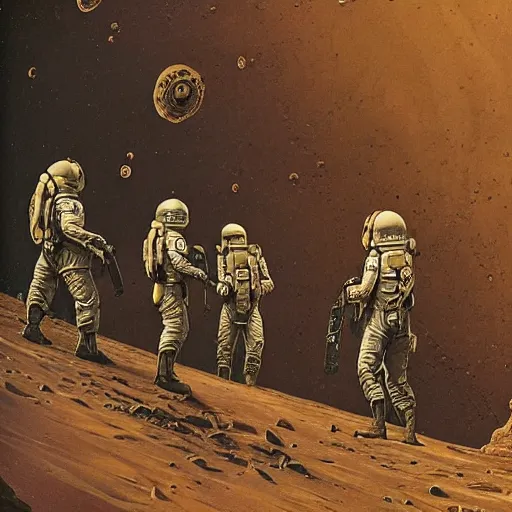 Image similar to soldiers discovering an alien base on mars, 1 9 2 0's sci - fi, deep aesthetic colors, 8 k, highly ornate intricate details, extreme detail,