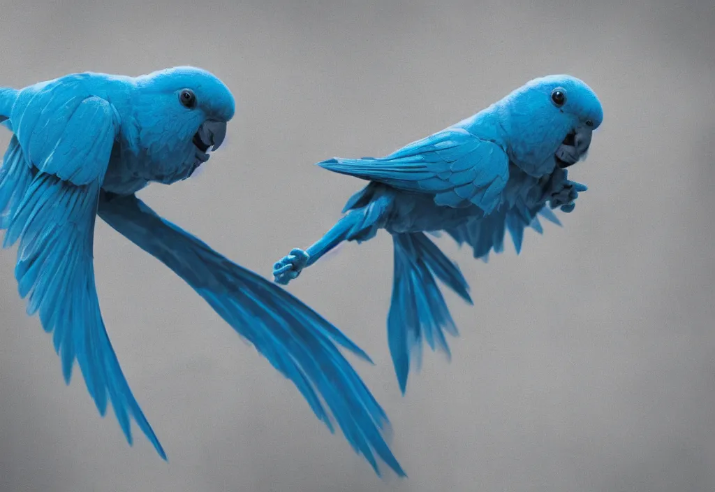 Prompt: giant blue Parrotlet destroying city in rage, rampage, destruction, apocalypse