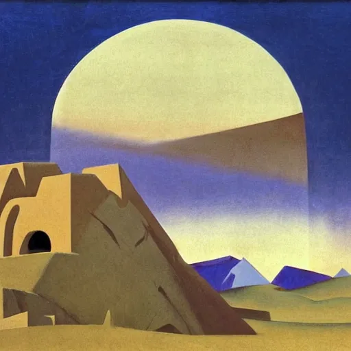 Prompt: an illustration of a white castle in a desertic landscape surrounded by mountain, stylised storm, by nicholas roerich, by frank frazetta by georgia o keeffe by frederick william elwell, by hans emmenegger, by eyvind earle highly detailed, realistic, outline, line work, fantasy, oriental, stylised flat colors, animation