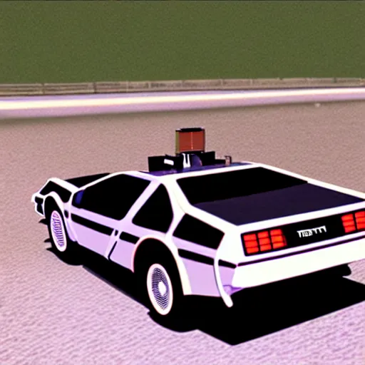 Image similar to back to the future delorean driving in old west, nintendo 6 4 screenshot, low poly, aliased